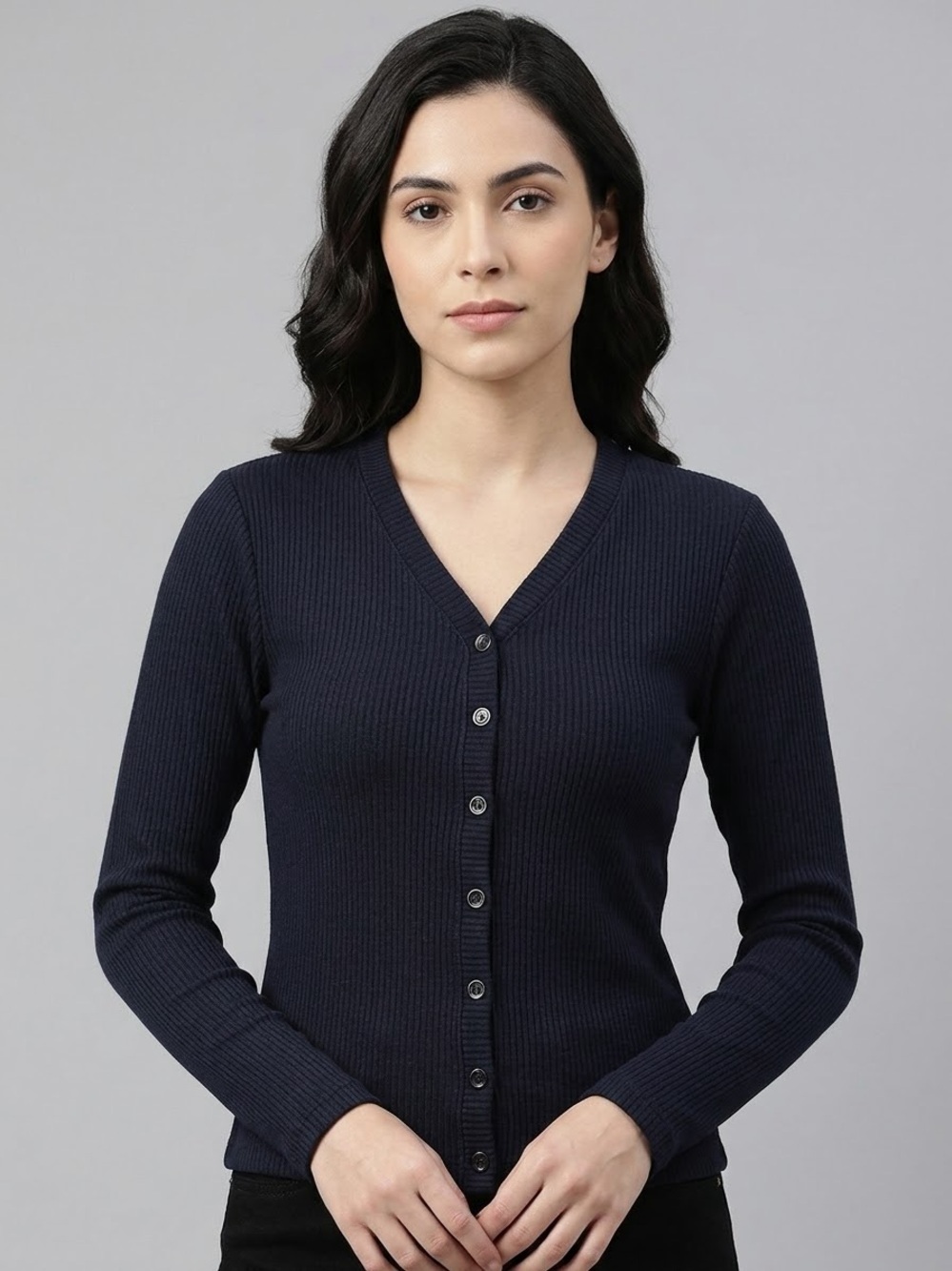 COTTON ON Women’s Black Ribbed Long Sleeve V-Neck Button-Up Cardigan top